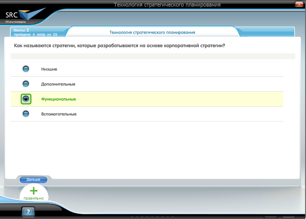 Электронный курс Технология стратегического планирования, Система тестирования