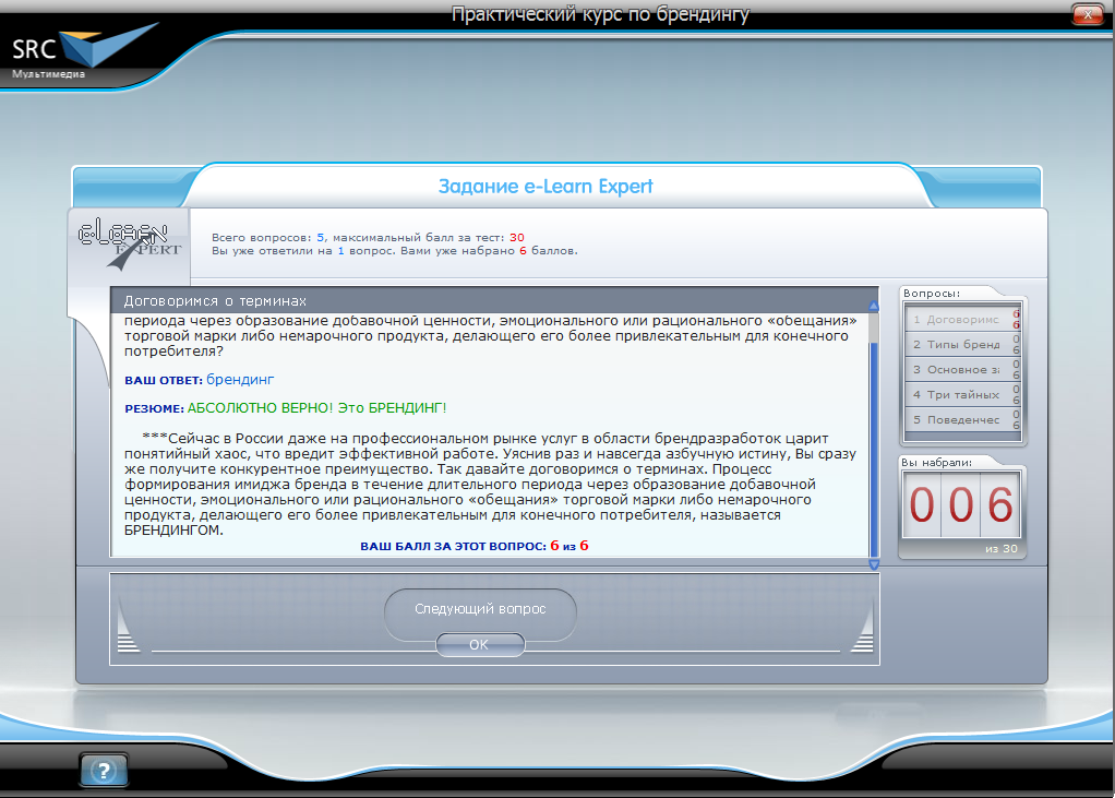Электронный курс Практический курс по брендингу, Виртуальный экзаменатор