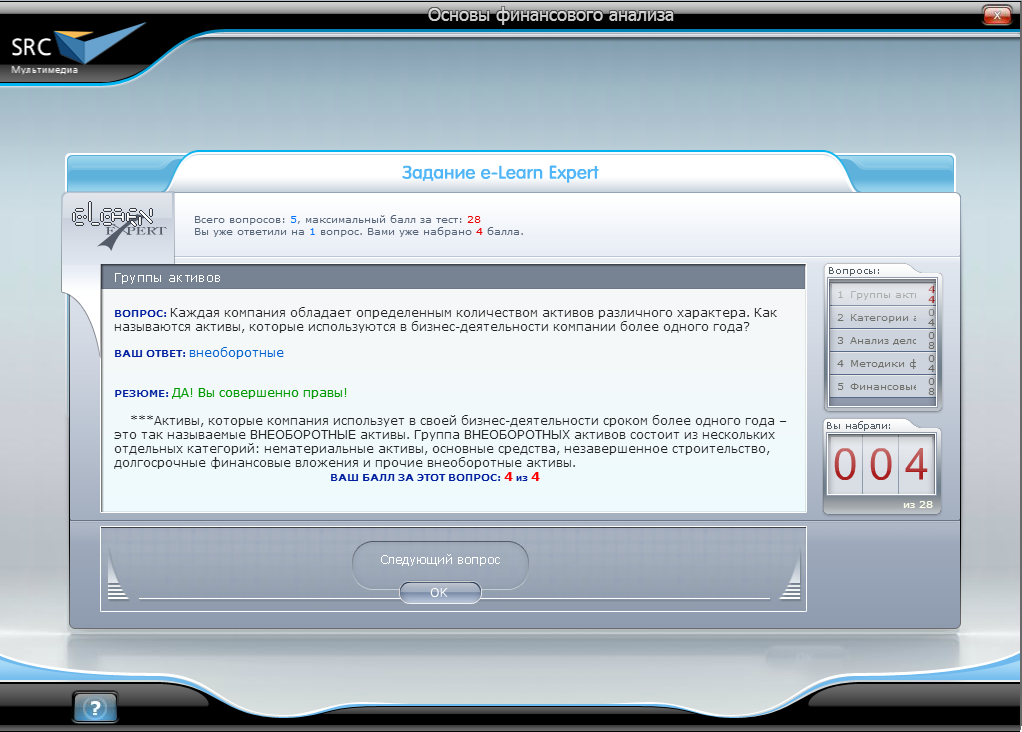 Электронный курс Финансы для нефинансистов. Основы финансового анализа, Виртуальный экзаменатор