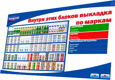 Мультимедийный курс «Стандарты мерчендайзинга» для компании Danone - выкладка по маркам внутри блоков
